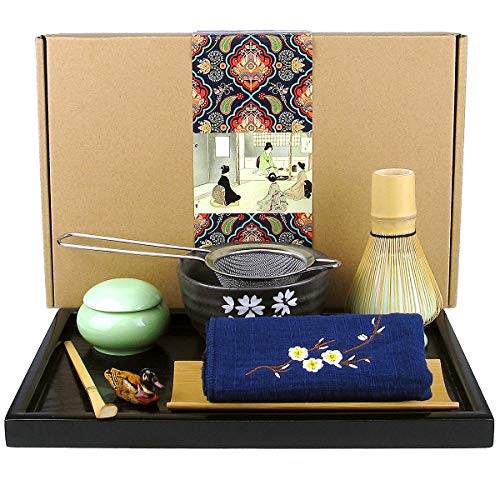 Artcome Japanese Matcha Tea Set, Matcha Whisk, Traditional Scoop, Matcha Bowl, Black Bamboo Tray, Ceramic Whisk Holder, Matcha Caddy, Handmade Matcha Ceremony Kit For Japanese Tea Ceremony (10Pcs) von Artcome
