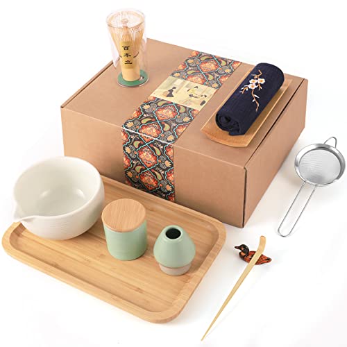 Artcome Japanisches Matcha-Tee-Set, Matcha-Schüssel mit Ausgießer, Teetablett, Matcha-Schneebesen, Matcha-Pulver-Caddy, handgefertigtes Matcha-Zeremonie-Set für japanische Teezeremonie (10 Stück) von Artcome