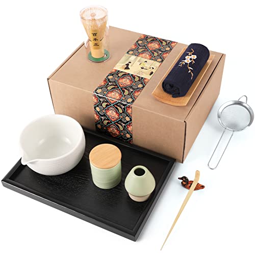 Artcome Japanisches Matcha-Tee-Set, Matcha-Schüssel mit Ausgießer, schwarzes Teetablett, Matcha-Pulver-Caddy, handgefertigtes Matcha-Zeremonie-Set für japanische Teezeremonie (10 Stück) von Artcome