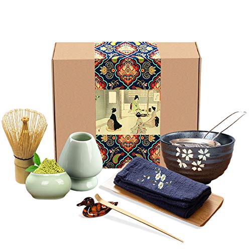 Artcome Japanisches Matcha Teeservice Schneebesen Set, Traditionelle Bambusschaufel, Matcha Schüssel, Keramik Schneebesenhalter, Matcha Caddy, Geschenkbox für Japanische Teezeremonie (9 Stück) von Artcome