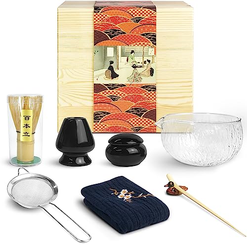 Artcome Japanisches Matcha-Teeset, Matcha-Schale aus Glas mit Ausgießer, Matcha-Schneebesen, Keramik-Schneebesen, Pulverbehälter, Holzkoffer, handgefertigtes Matcha-Zeremonie-Kit für japanische von Artcome