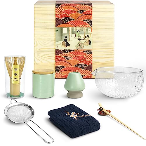 Artcome Japanisches Matcha-Teeset, Matcha-Schale aus Glas mit Ausgießer, Matcha-Schneebesen, Keramik-Schneebesen, Pulverbehälter, Holzkoffer, handgefertigtes Matcha-Zeremonie-Kit für japanische von Artcome