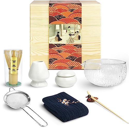 Artcome Japanisches Matcha-Teeset, Matcha-Schale aus Glas mit Ausgießer, Matcha-Schneebesen, Keramik-Schneebesen, Pulverbehälter, Holzkoffer, handgefertigtes Matcha-Zeremonie-Kit für japanische von Artcome
