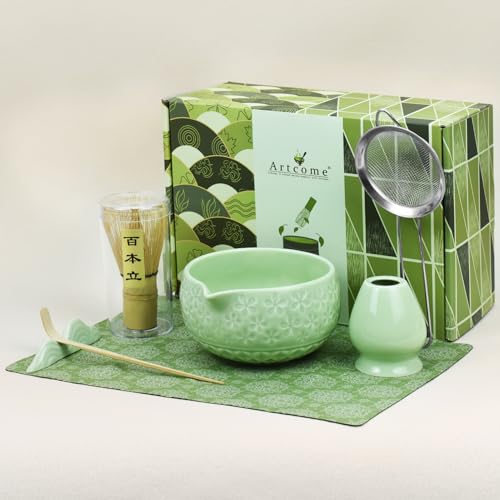 Artcome Matcha-Teeset, grüne Sakura-geprägte Keramikschale, 480 ml, mit Bambus-Schneebesen, Schneebesenhalter, Sieb, Schaufel, Teelöffel, Tuch – traditionelles japanisches Matcha-Set für den täglichen von Artcome