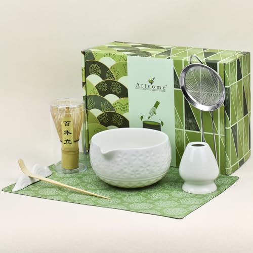 Artcome Matcha-Teeset, grüne Sakura-geprägte Keramikschale, 480 ml, mit Bambus-Schneebesen, Schneebesenhalter, Sieb, Schaufel, Teelöffel, Tuch – traditionelles japanisches Matcha-Set für den täglichen von Artcome