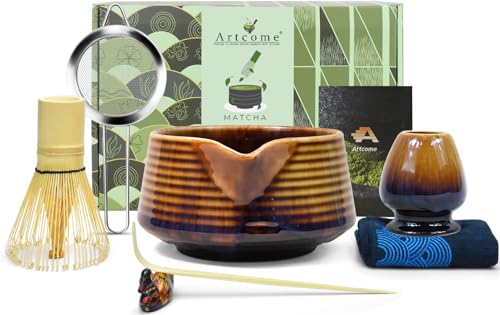 Artcome Matcha-Teeset, japanisches Matcha-Set mit Bambus-Schneebesen, Ausgießer, Schaufel, Sieb, Halter und Handbuch (evtl. nicht in deutscher Sprache), Keramik und Bambus, traditionelle von Artcome