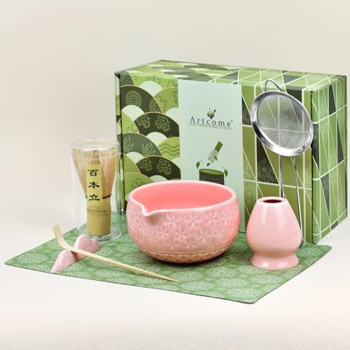 Artcome Matcha-Teeset – rosa Sakura geprägte Keramikschale 480 ml mit Bambus-Schneebesen, Schneebesenhalter, Sieb, Schaufel, Teelöffel, Tuch – komplettes japanisches Matcha-Kit für Teezeremonie Artcome Matcha-Teeset – rosa Sakura geprägte Keramikschale 480 ml mit Bambus-Schneebesen, Schneebesenhalter, Sieb, Schaufel, Teelöffel, Tuch – komplettes japanisches Matcha-Kit für Teezeremonie von Artcome