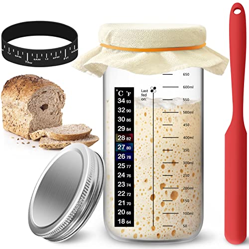 Artcome Sauerteig-Starter-Glas-Set – 680 ml Sauerteig-Starterglas mit Aluminiumdeckel, Datumsmarkierung, Stoffabdeckung und Thermometerband, Sauerteigbehälter für die Herstellung von Brot von Artcome