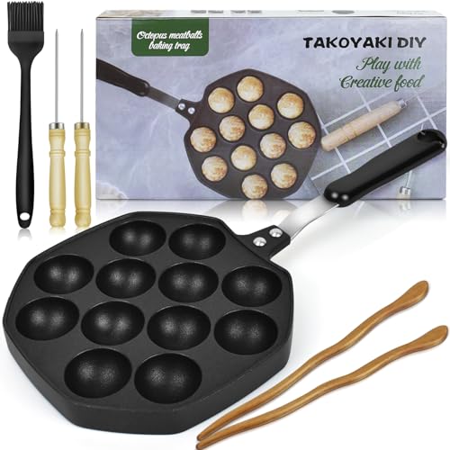Artcome Takoyaki Pfanne mit Griff - 12-Loch Antihaft Takoyaki Maker mit 2 Holzpicks & Silikonbürste, Octopus Ball Grill für Gasherd, Japanischer Snackkocher für Takoyaki, Cake Pops, Aebleskiver Artcome Takoyaki Pfanne mit Griff - 12-Loch Antihaft Takoyaki Maker mit 2 Holzpicks & Silikonbürste, Octopus Ball Grill für Gasherd, Japanischer Snackkocher für Takoyaki, Cake Pops, Aebleskiver von Artcome