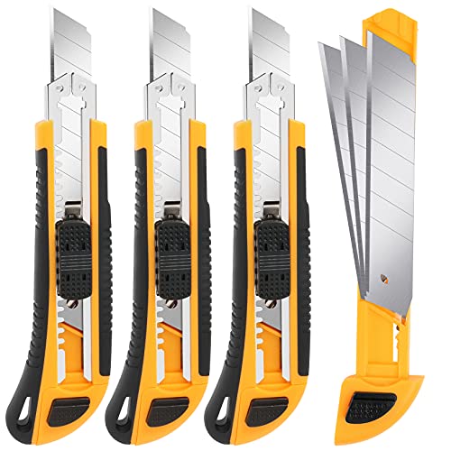 Artcut Cuttermesser 3 PCS Box Cutter Einziehbares, Cuttermesser 18mm, Heavy Duty Box Cutter Messer mit Klingenaufbewahrungsdesign zum Schneiden von Kartons, Seilen und Leder, Cuttermesser Klein von Artcut