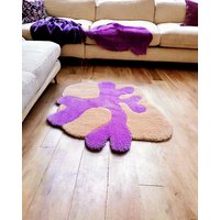 Teppich Wohnzimmer Bunt, Weich Wolle Handgemacht. Geschenk Freundin Bettvorleger Abstrakt.. Lila Beige Rund. Badezimmer Gift von ArtePazza
