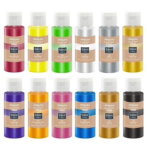 Artecho Metallic Acrylfarben Set 12x59 ml, Ungiftige Metallic Farben, Wasserfest und Lichtecht, Schnell Trocknend, ideal für Leinwand, Papier und Stoffe. von Artecho