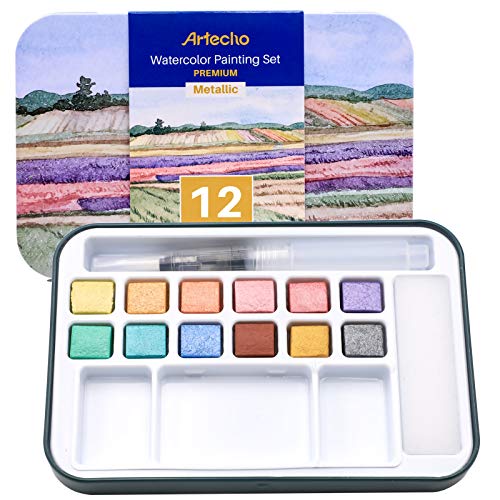 Artecho Aquarellfarben Set, 12 Metallic Farben Wasserfarben, Aquarell mit Wassertankpinsel, Tragbar Aquarell Malkasten, perfekt für Anfänger und Profis, das ideale Geschenk von Artecho