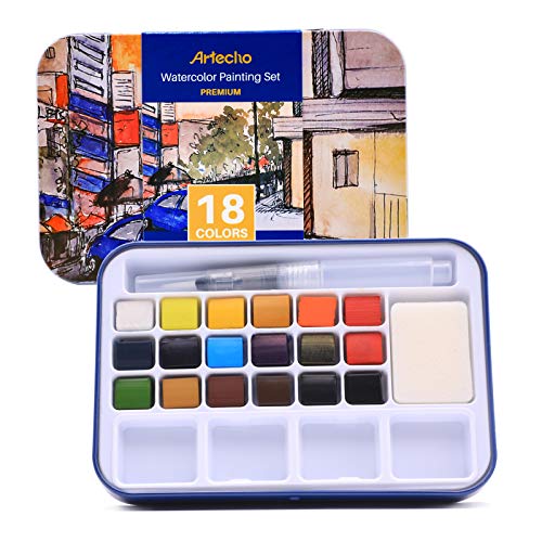 Artecho Aquarellfarben Set, 18 Basic Farben Wasserfarben, Aquarell mit Wassertankpinsel, Tragbar Aquarell Malkasten, perfekt für Anfänger und Profis, das ideale Geschenk von Artecho