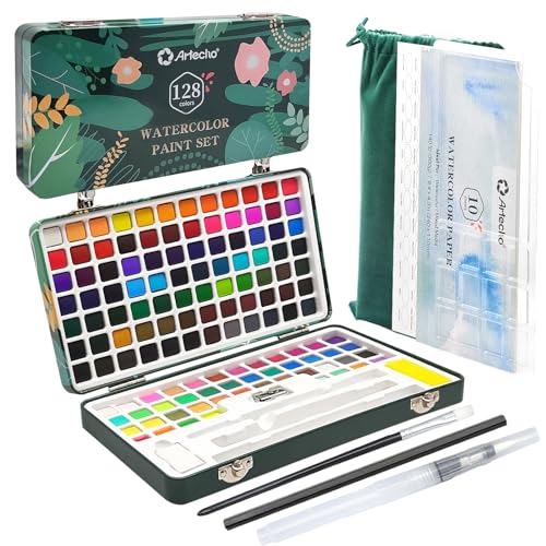Artecho Aquarellfarben Set 128 Farben in Tragbarer Box, Aquarellmaler-Set für Erwachsene mit Aquarellpapieren und Pinseln, perfektes Aquarell-Set für Anfänger und Profis von Artecho