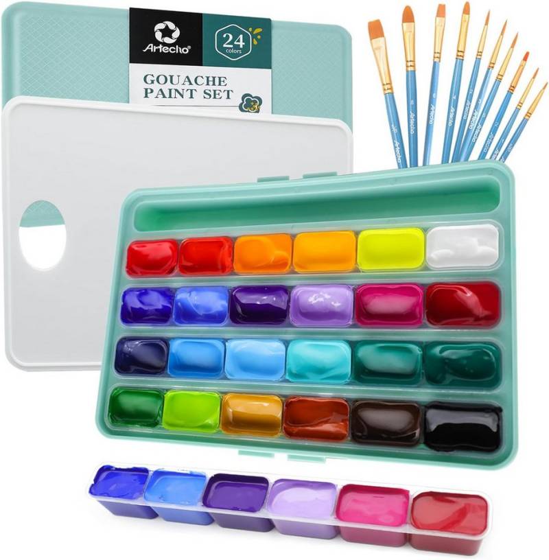 Artecho Bastelfarbe 35 Stk. Gouache Set - 24 x 30 ml Farben mit 10 Pinseln und 1 Palette, - Farben für Leinwand, Aquarell Papier und Acrylfarben Papier u.v.m. von Artecho