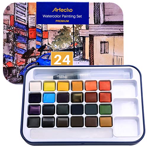 Artecho Aquarellfarben Set, 24 Basic Farben Wasserfarben, Aquarell mit Wassertankpinsel, Tragbar Aquarell Malkasten, perfekt für Anfänger und Profis, das ideale Geschenk von Artecho