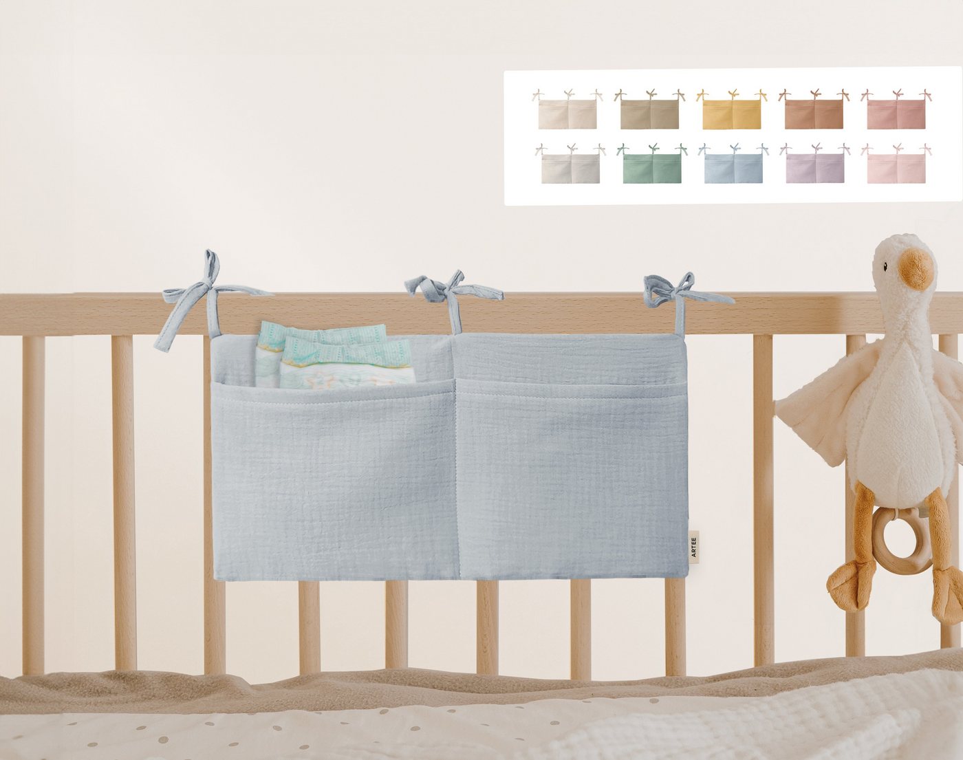 Artee Bettnestchen Babybett Organizer Taschen Aufbewahrung aus Musselin von Artee