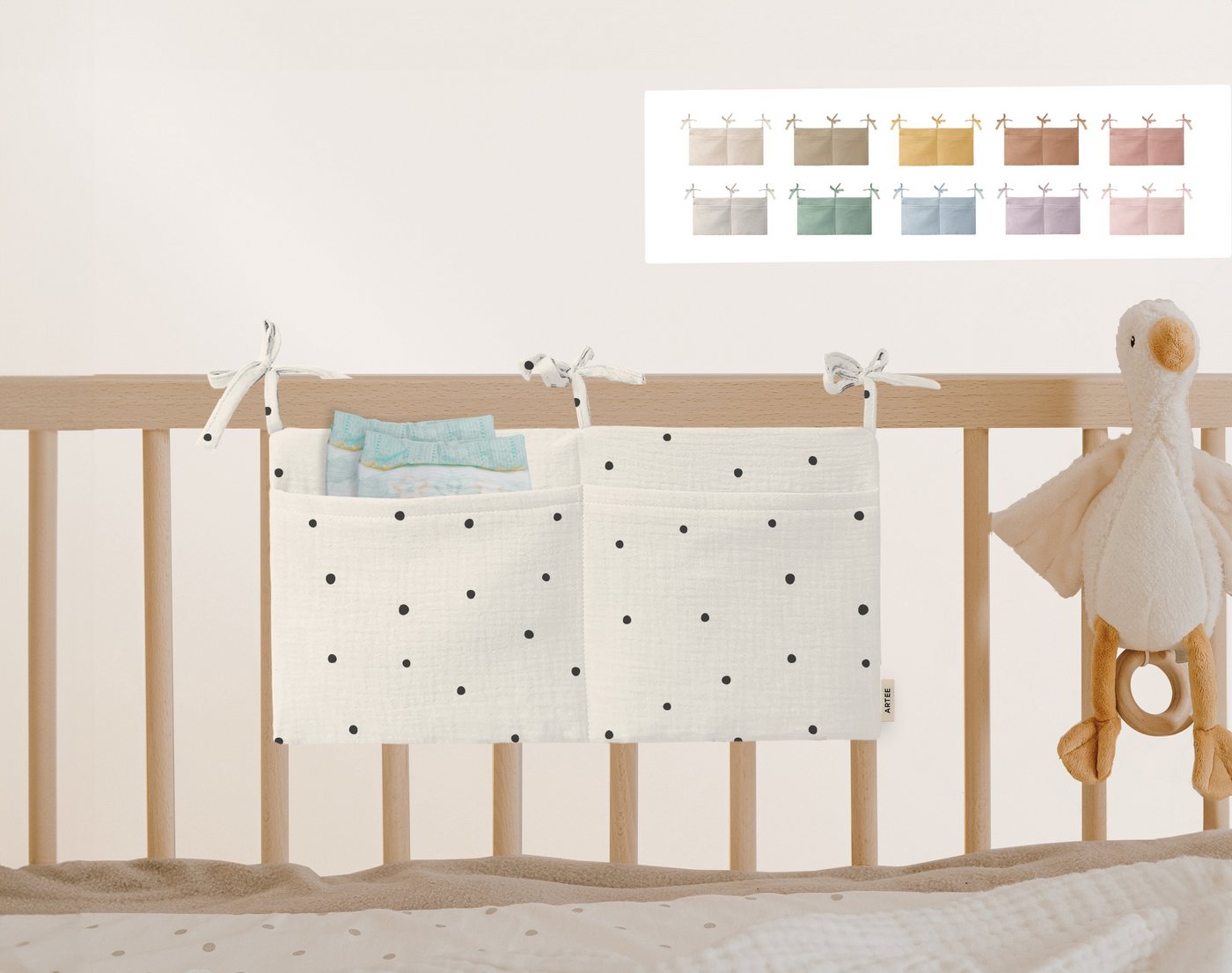 Artee Bettnestchen Babybett Organizer Taschen Aufbewahrung aus Musselin von Artee