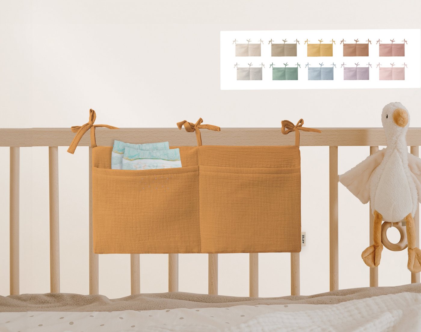 Artee Bettnestchen Babybett Organizer Taschen Aufbewahrung aus Musselin von Artee