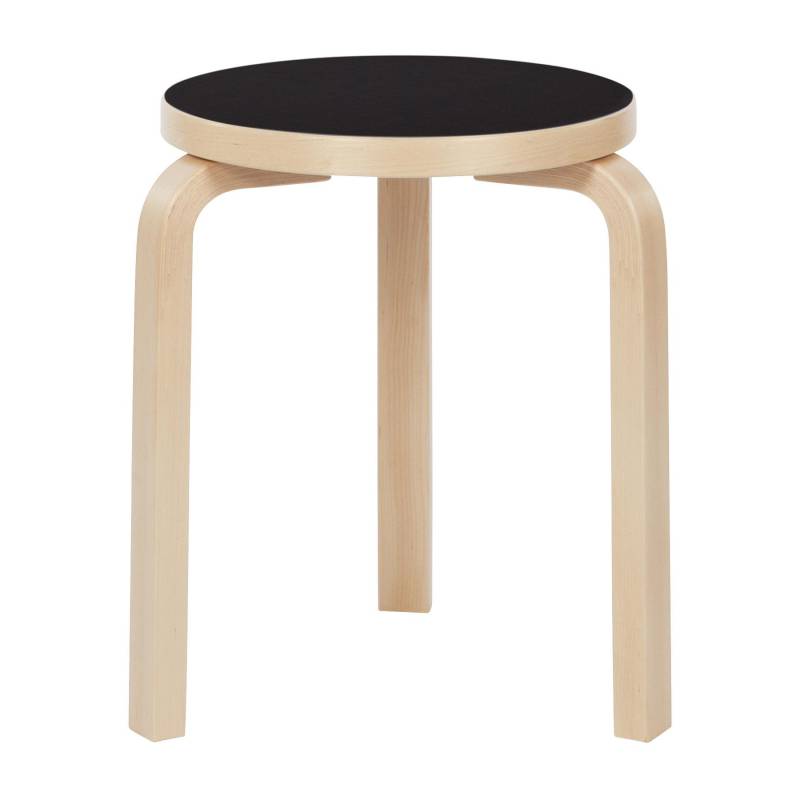 Artek - 60 Hocker Gestell klar lackiert - schwarz/Sitzfläche Linoleum/Gestell Birke massiv klar lackiert/H 44cm / Ø 38cm von Artek