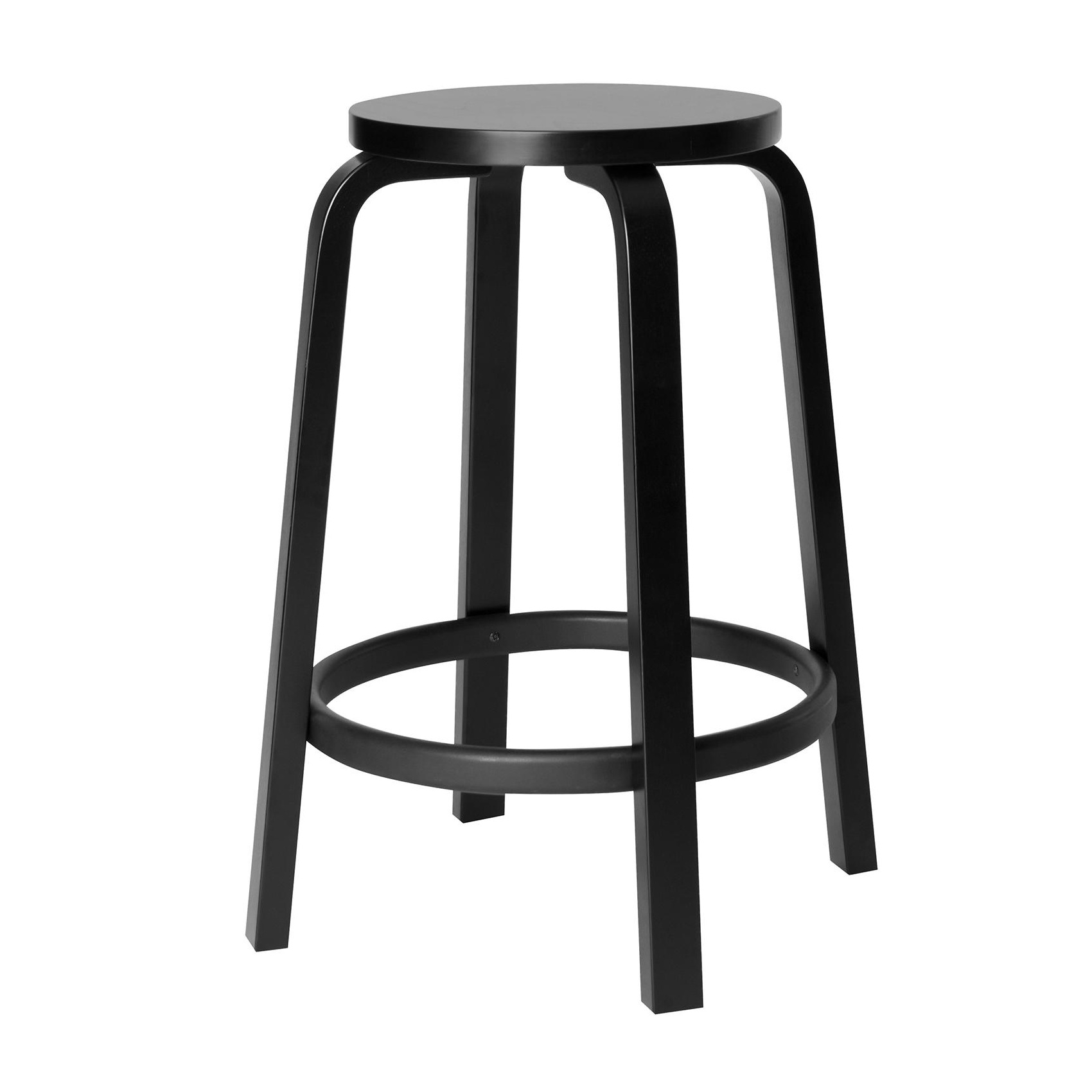 Artek - 64 Barhocker Gestell lackiert 65cm - schwarz/Sitzfläche Birkenfunier lackiert/Gestell Birke massiv lackiert/H 65cm / Ø 52cm von Artek