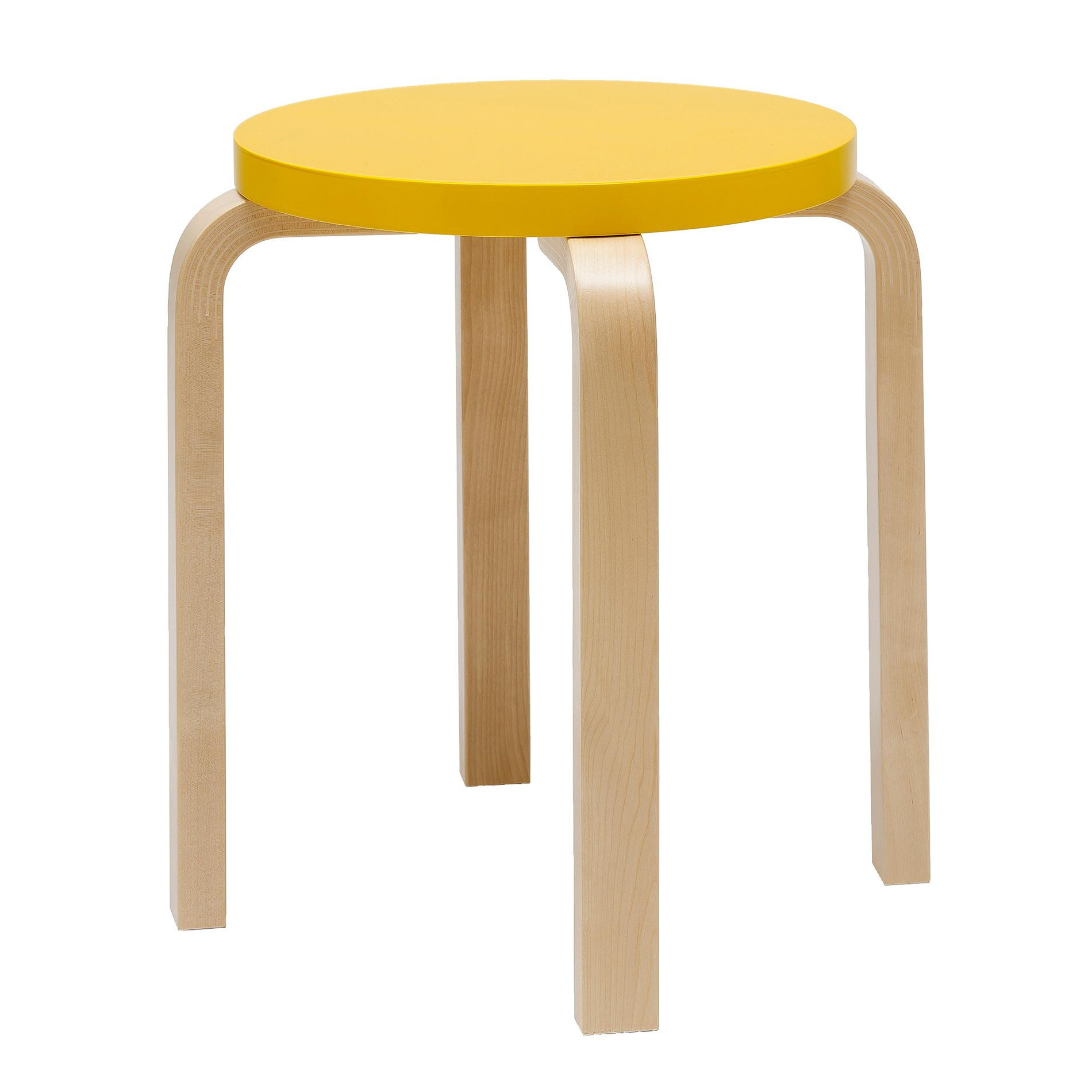 Artek - E60 Hocker Gestell klar lackiert - gelb, natur/Sitzfläche Birkenfunier lackiert/Gestell Birke massiv klar lackiert/H 44cm / Ø 38cm von Artek