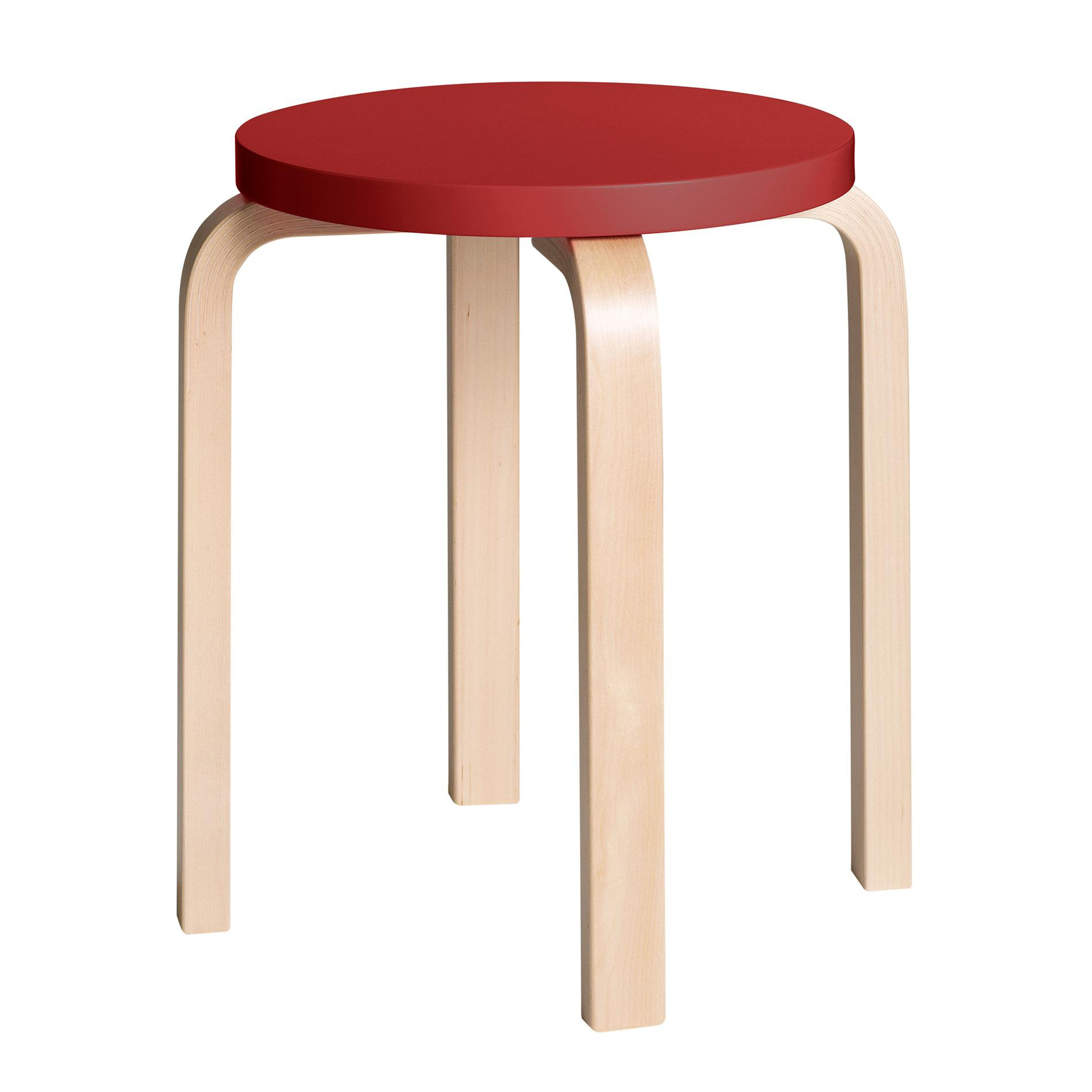 Artek - E60 Hocker Gestell klar lackiert - rot, natur/Sitzfläche Birkenfunier lackiert/Gestell Birke massiv klar lackiert/H 44cm / Ø 38cm von Artek