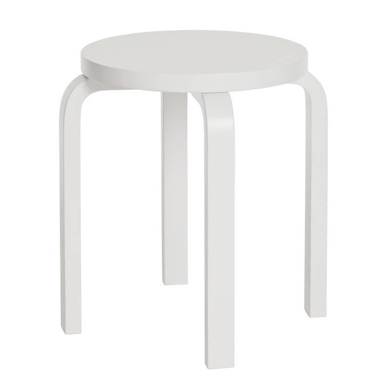 Artek - E60 Hocker Gestell lackiert - weiß/Sitzfläche Birkenfunier lackiert/Gestell Birke massiv lackiert/H 44cm / Ø 38cm von Artek