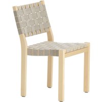 Artek - Stuhl 611, Birke klar lackiert / Leinengurte natur-schwarz gemustert von Artek