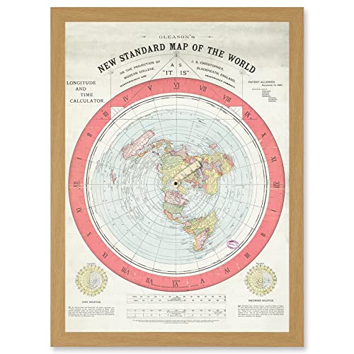 1892 World Time Calculator Flat Earth Map Gleason Artwork Framed A3 Wall Art Print Welt Karte Mauer von Artery8