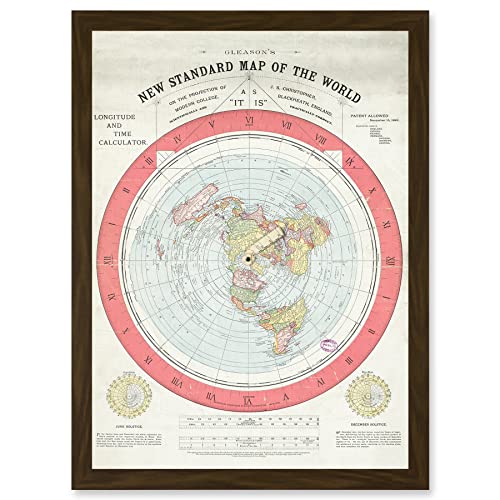 1892 World Time Calculator Flat Earth Map Gleason Artwork Framed A3 Wall Art Print Welt Karte Mauer von Artery8
