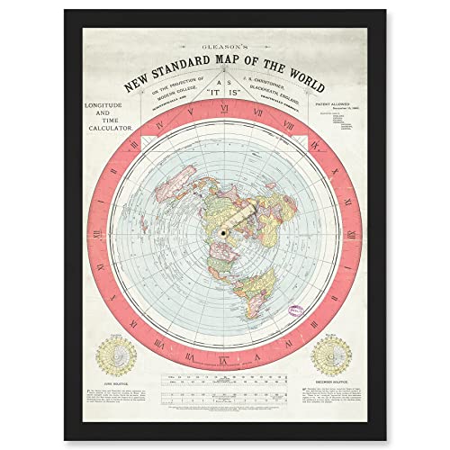 1892 World Time Calculator Flat Earth Map Gleason Artwork Framed A3 Wall Art Print Welt Karte Mauer von Artery8