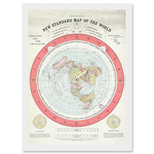 1892 World Time Calculator Flat Earth Map Gleason Artwork Framed A3 Wall Art Print Welt Karte Mauer von Artery8