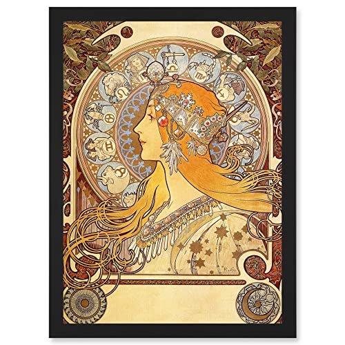 Artery8 Alphonse Mucha Zodiac 1896 Art Nouveau Orange Gold Painting Artwork Framed A3 Wall Art Print Tierkreis Jugendstil Bild Mauer von Artery8