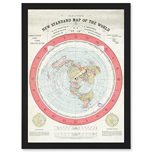 Artery8 1892 World Time Calculator Flat Earth Map Gleason Artwork Framed A3 Wall Art Print Welt Karte Mauer von Artery8