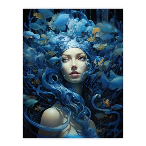 Artery8 Goddess of The Sea Mermaid Lore Concept Striking Artwork In Blue Extra Large XL Wall Art Poster Print von Artery8