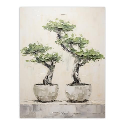 Artery8 Japanese Bonsai Trees In Pots Oil Painting Pallet Knife Neutral Tone Textured Tree Artwork Extra Large XL Wall Art Poster Print von Artery8