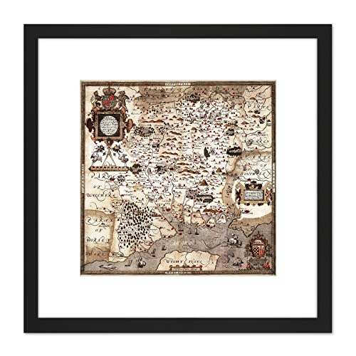 Artery8 Map 1575 Saxton Hampshire Southampton Wight Replica 8X8 Inch Square Wooden Framed Wall Art Print Picture with Mount von Artery8