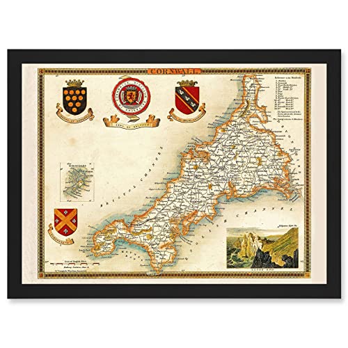 Artery8 Map Antique Moule 1850 Cornwall County England UK Artwork Framed Wall Art Print A4 von Artery8