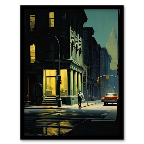 Artery8 New York at Dawn Edward Hopper Style Oil Painting Yellow Green Blue Man Walking in Empty City Street Art Print Framed Poster Wall Decor 12x16 inch von Artery8
