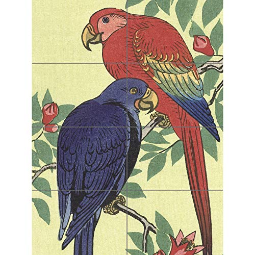 Artery8 Ohara Koson Red And Blue Parrot Japanese Painting XL Giant Panel Poster (8 Sections) Blau Papagei japanisch Gemälde von Artery8