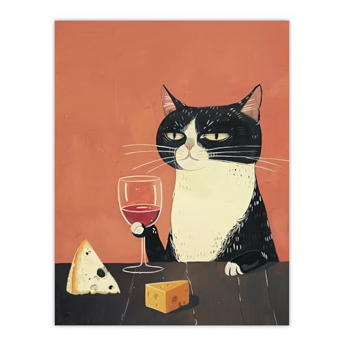 Artery8 Tuxedo Cat Drinking Wine with Cheese Painting For Kitchen Unframed Wall Art Print Poster Home Decor von Artery8
