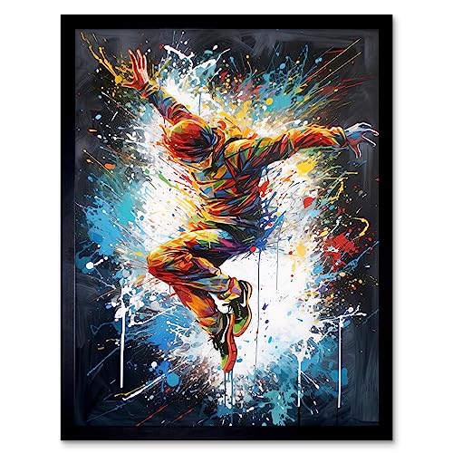 Artery8 Before The Land Parkour Jump Paint Splat Portrait Art Print Framed Poster Wall Decor 12x16 inch von Artery8