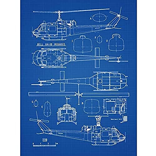 Bell UH-1 Iroquois Military Helicopter Blueprint Plan Art Print Canvas Premium Wall Decor Poster Mural Militär Blau Wand Deko von Artery8