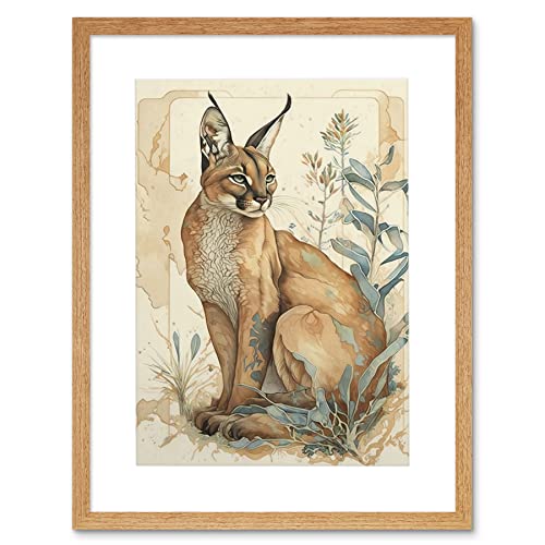 Caracal Cat with Teal Plants Modern Pastel Watercolour Illustration Artwork Framed Wall Art Print 12X16 Inch von Artery8