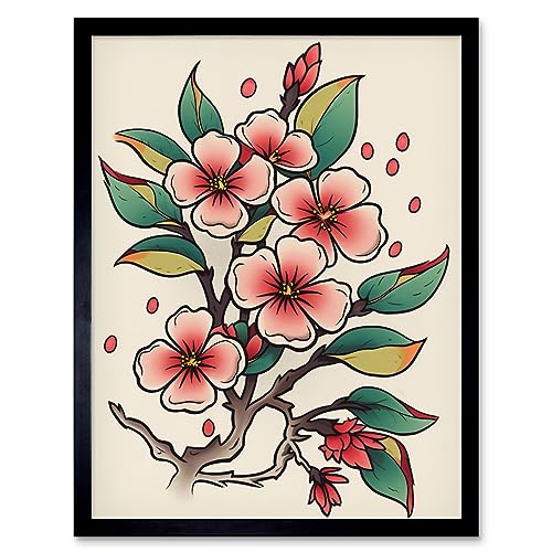 Cherry Blossom Branch Flowers Tattoo Ink Body Art Rockabilly Americana 50s Artwork Framed Wall Art Print 9X7 Inch von Artery8