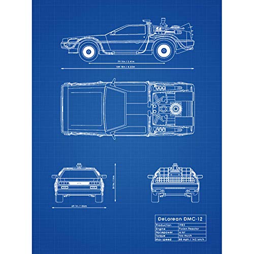 DeLorean DMC-13 Future Time Travel Car Blueprint Plan Art Print Canvas Premium Wall Decor Poster Mural Zukunft Reise Blau Wand Deko von Artery8