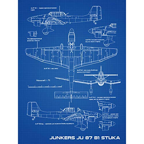 Junkers Ju 87 B1 Stuka Aircraft Plane Blueprint Plan Extra Large XL Wall Art Poster Print Ebene Blau Wand Poster drucken von Artery8