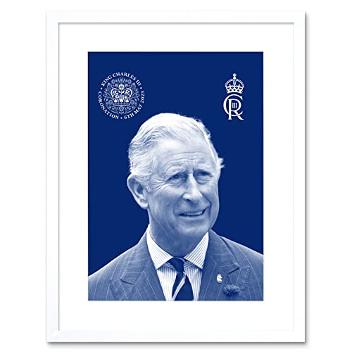 King Charles III Coronation Royal Blue Portrait Picture with Crest and Emblem Artwork Framed Wall Art Print 9X7 Inch von Artery8